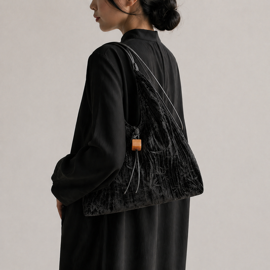 Black Crinkled Velvet Hobo Bag with Wooden Accent