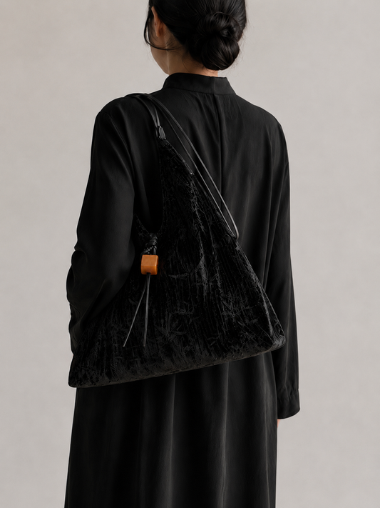Black Crinkled Velvet Hobo Bag with Wooden Accent