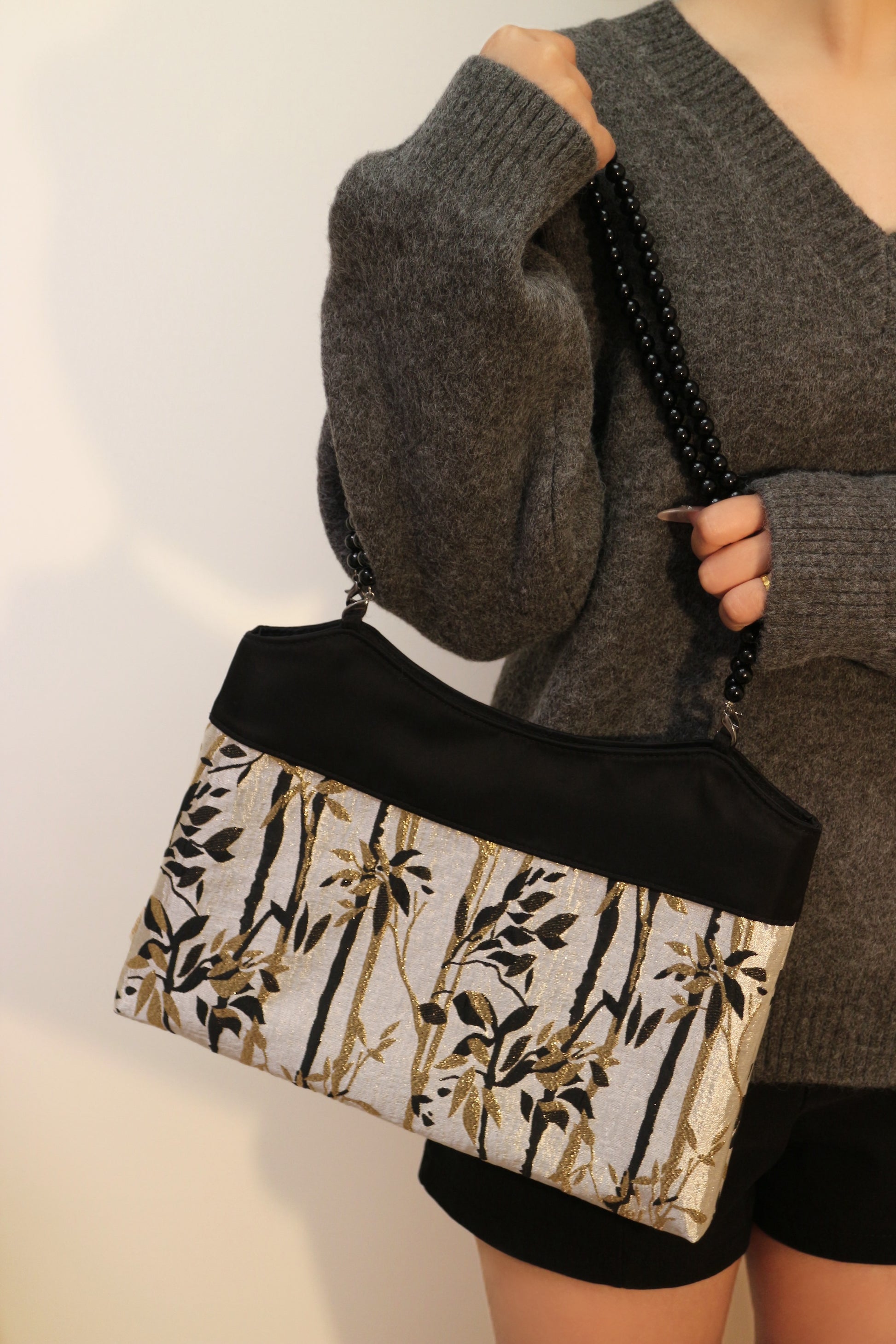 Bamboo Pattern Embossed Shoulder Bag