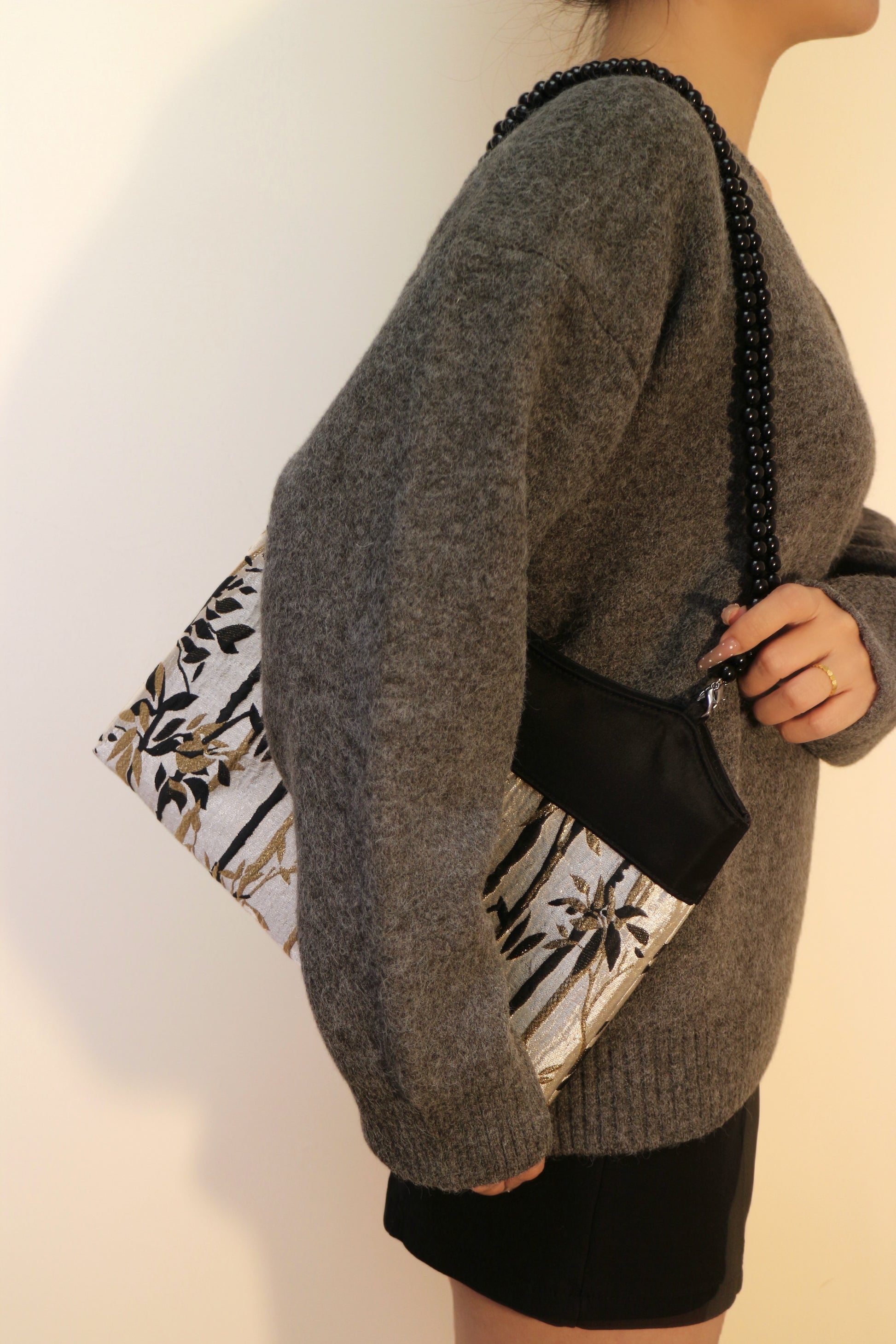 Bamboo Pattern Embossed Shoulder Bag